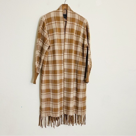 EUC Rachel Zoe Wool Blend Plaid Open Front Cardigan Size Medium Brown/Off White - Picture 1 of 7